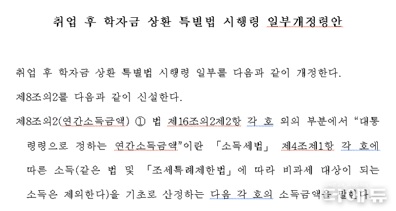 18일 국무회의를 통과한 '취업 후 학자금 상환 특별법 시행령 개정안 일부 캡처.