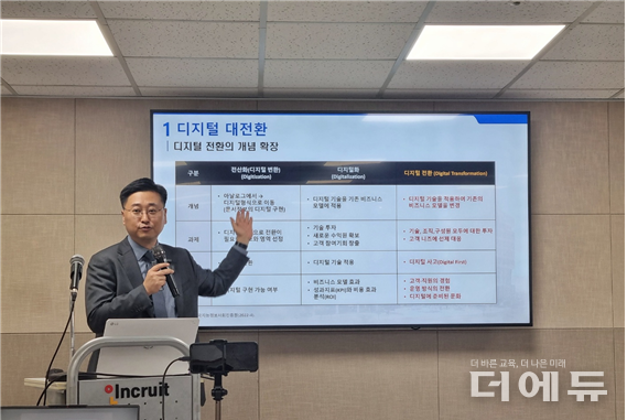 정제영 한국교육학술정보원 원장이 지난 7일 스마트포럼에 발제로 나서 ‘디지털 대전환과 교육의 변화’를 주제로 강연하고 있다.(사진=김우영 수습기자)
