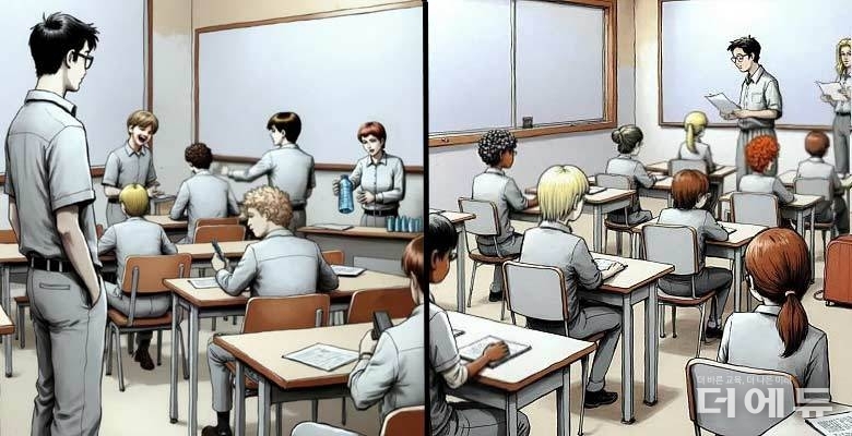 같은 반이라도 담임교사가 교내에 있을 때와 없을 때 분위기가 너무 다르다. 보결 교사가 오면 어떻게든 놀려고 하는 아이들이 많기 때문이다. 이미희 선생님이 있을 때와 없을 때 교실 분위기가 이 정도로 딴판이다. (삽화=정은수·프리픽)