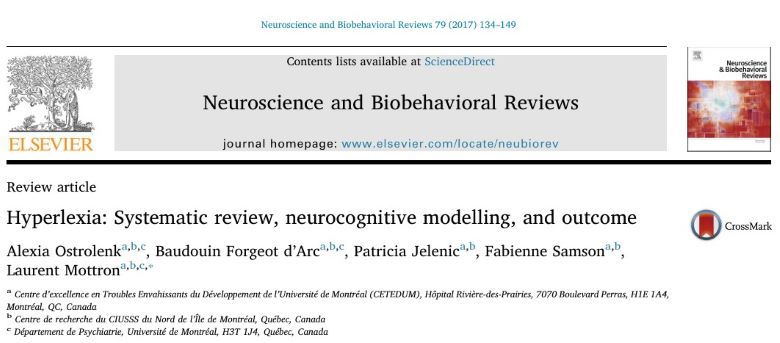 몬트리올대 연구팀이 2017년 엘스비어(Elsevier)의 국제 학술지인 ‘신경과학 및 생체행동학 리뷰(Neuroscience & Biobehavioral Reviews)’에 게재한 ‘과독증: 체계적 고찰, 신경인지 모델링, 그리고 예후(Hyperlexia: Systematic review, neurocognitive modelling, and outcome)’ 표지. 기능적 자기공명영상(fMRI)을 포함한 비교적 최신 연구를 모아 과독증에 관한 종합적인 메타 분석을 했다. (이미지=신경과학 및 생체행동학 리뷰 캡처) 
