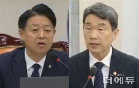 (왼쪽부터) 김영호 국회 교육위원장과 이주호 교육부장관이 10일 AIDT 교육자료법 교육위 통과를 두고 서로를 향해 유감을 표명하고 있다.(사진=국회 영상회의록시스템 캡처 및 편집)
