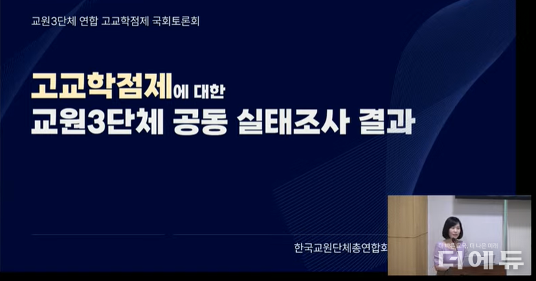 김주영 교총 선임연구원이 18일 국회에서 교원 3단체가 공동 주최한 ‘고교학점제, 어디로 가야 하는가’ 토론회에서 3단체 공동 진행 설문 결과를 발표하고 있다.(사진=유튜브 백전백승아TV 캡처)
