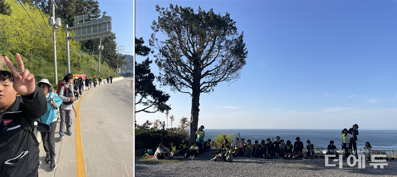 금산간디학교 학생들이 지난해 울릉도 도보여행을 하며 쉬고 있다.(사진=금산간디학교)