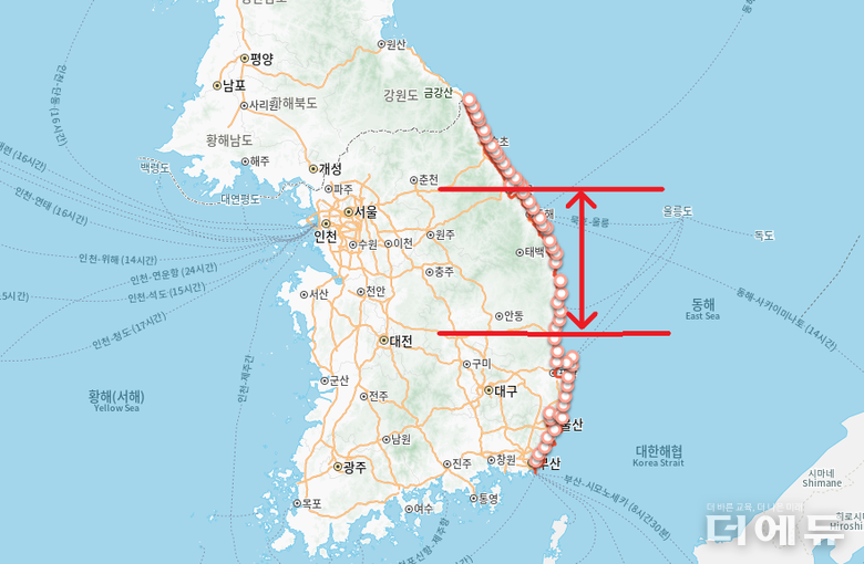금산간디학교 학생들이 이번에 떠날 해파랑길 도보여행은 경북 영덕에서 강원 강릉까지 약 130km 구간이다.(사진=두루누비 홈페이지 캡처 및 편집)