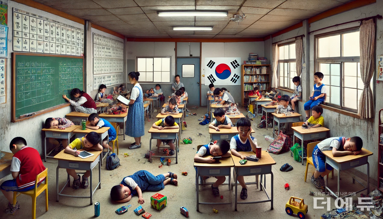 교실이 돌봄 공간이 되면서 이도저도 아닌 역할을 하고 있는 것을 표현했다.(이미지=ChatGPT DALL.E.)