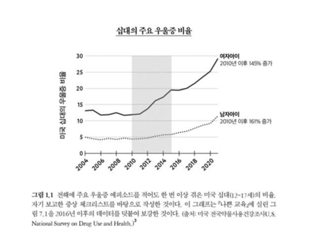 조너선 하이트의 책 <strong>『The Anxious Generation』(불안한 세대)</strong> 에 수록된 <strong>그림 1.1</strong>(십대의 ‘지난 1년 주요 우울증(MDE)’ 비율 추이)을 한국어판으로 재현한 도판.